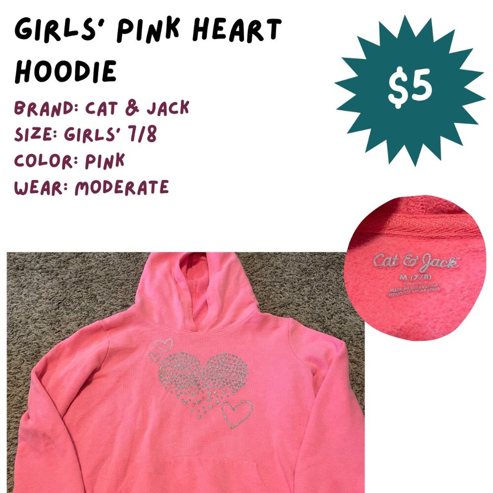 Girls' Pink Heart Hoodie, Size 7/8, Cat & Jack